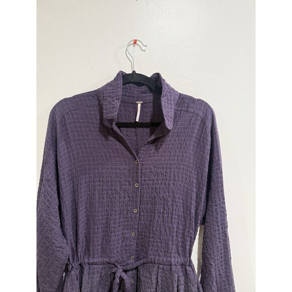 Free People Ray of Light Button Down Waffle Knit Shirt Dress Purple Sz Medium - Picture 3 of 7
